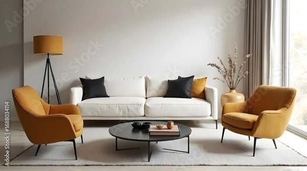 Obraz Stylish modern living room features comfortable white sofa, accent chairs, and chic decor creating inviting ambiance