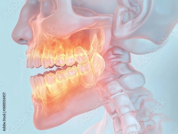 Obraz Detailed anatomical illustration of human jaw and mouth structure with highlighted areas representing pain and inflammation