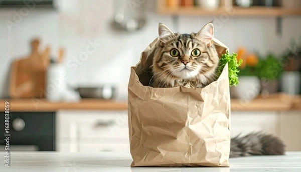 Fototapeta A tabby cat sits inside a brown paper bag in a kitchen setting.