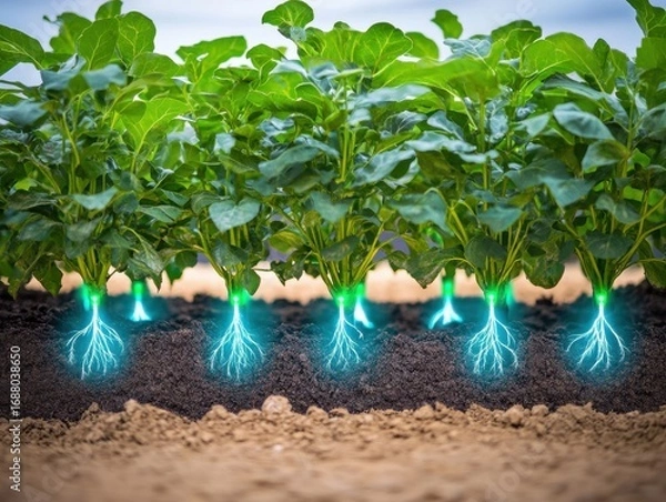 Obraz Innovative Concept of Plant Growth with Glowing Roots and Lightning Effects in Agricultural Field Environment