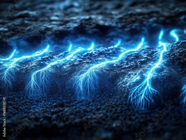 Obraz Electric blue lightning strikes illuminating a dark, textured surface in a dramatic and mesmerizing visual effect