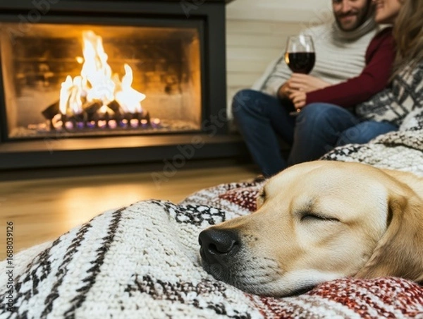 Obraz Cozy indoor winter evening with a sleeping dog, a crackling fireplace, and a couple enjoying red wine together