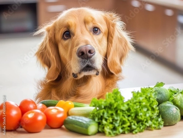Obraz Golden Retriever Dog Surrounded by Fresh Vegetables and Fruits in a Bright Kitchen Setting