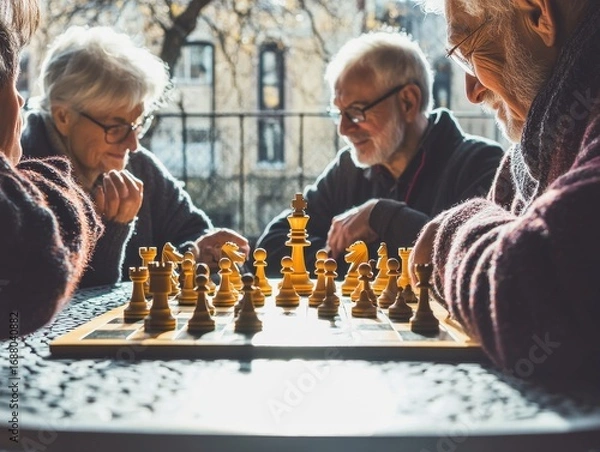 Obraz Elderly Friends Enjoying a Relaxing Afternoon Playing Chess in Natural Light Outdoors