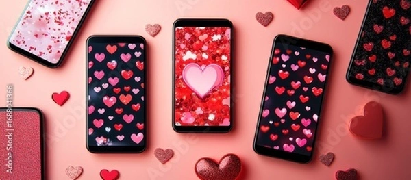 Fototapeta Several smartphones with heart-themed displays, surrounded by small heart decorations on a pale pink background