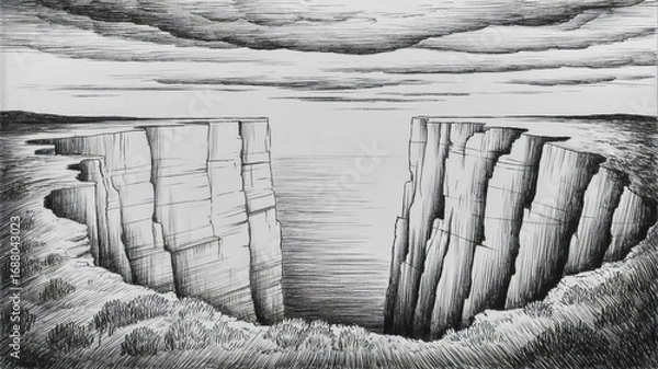 Fototapeta A black and white pencil sketch of dramatic sea cliffs viewed from ground level.
