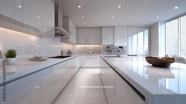 Obraz modern white kitchen, minimal design, glossy countertops, subtle warm lighting, ultra realistic detail 