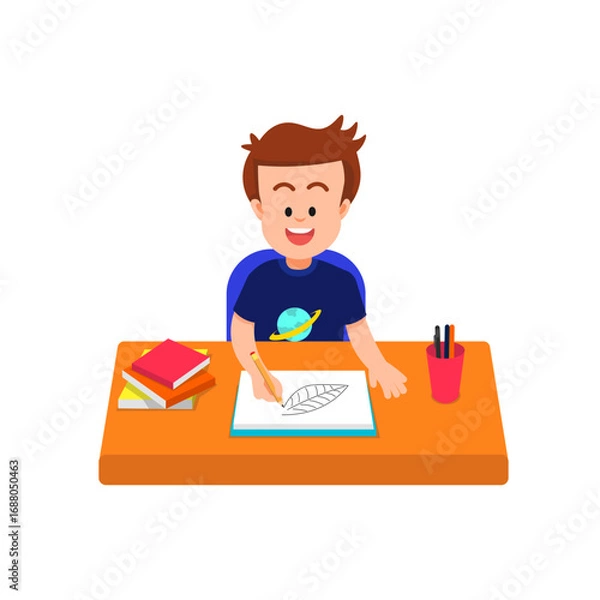 Fototapeta A boy draws a leaf in his sketchbook at a desk