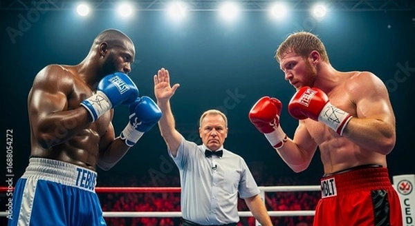 Fototapeta Two boxers facing off in a boxing ring with a referee raising his hand to start the match up close view