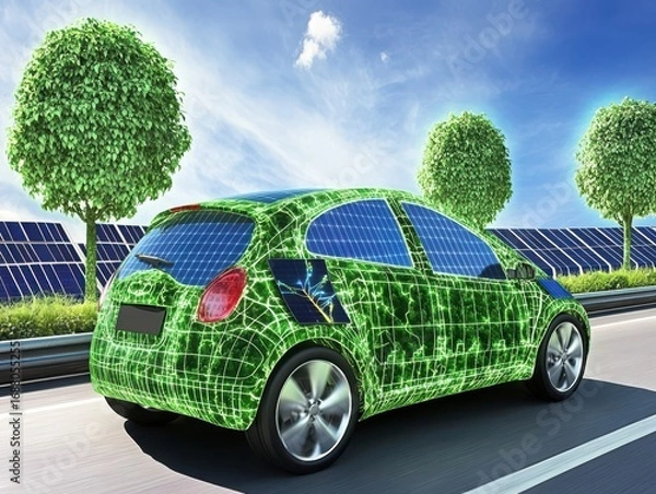 Obraz Futuristic Electric Car Concept with Environmental Elements and Solar Panels in the Background on a Sunny Day