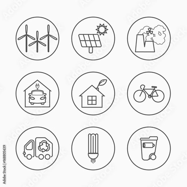 Fototapeta Eco icons vector set. Thin line ecological signs for infographic, website or app. Powersave lamp, nuclear plant, wind energy, elecrtic car, low energy house and over ecology symbol.