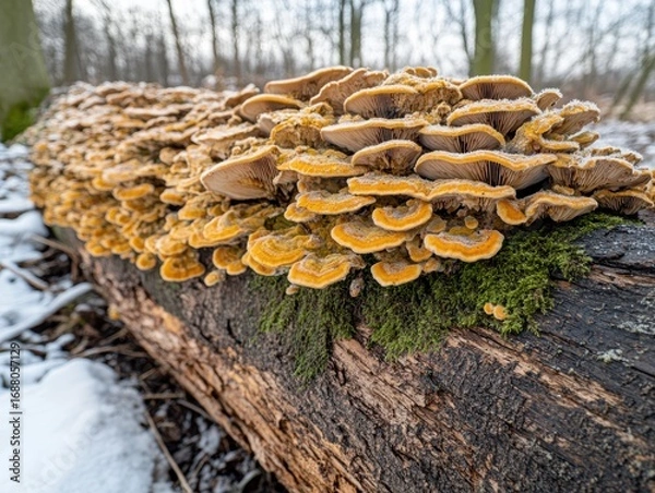 Obraz Vibrant Orange Fungi Growing on Fallen Log Surrounded by Forest Environment and Soft Snowy Ground