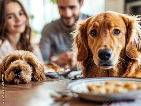 Obraz Family Enjoying Meal Together with Golden Retriever and Small Dog at Dining Table in Bright Living Room