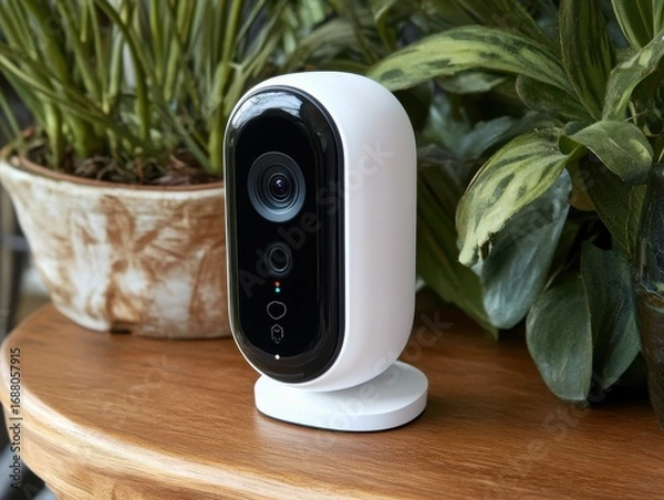 Obraz Modern indoor security camera on a wooden table with greenery background showcasing sleek design and technology