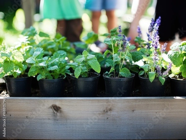 Obraz Fresh Green Herb Plants Growing in Black Pots in a Garden Bed at an Outdoor Gardening Event with People in Background