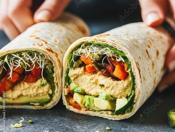 Obraz Fresh Vegetable Wrap with Avocado and Hummus on a Dark Surface, Healthy Snack or Meal Preparation