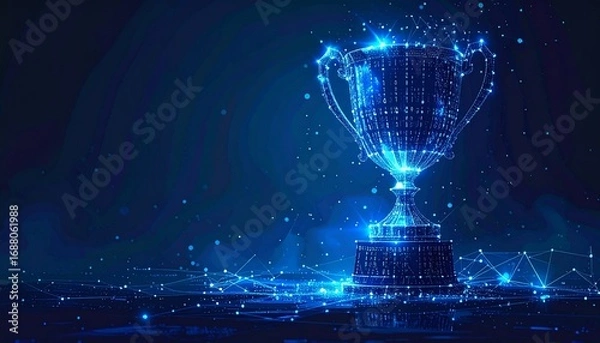 Obraz Digital trophy cup illuminated with binary code on a dark blue technology background. Concept idea for sport achievement, competition success and futuristic awards 