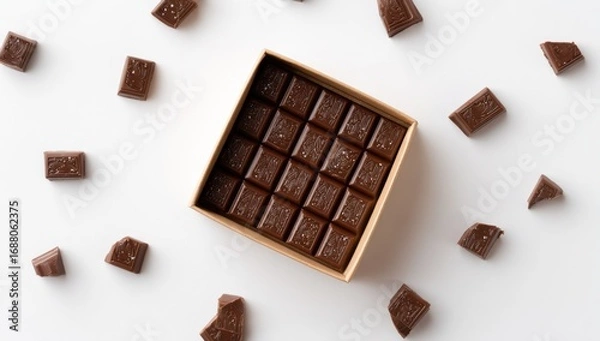 Fototapeta Square box of dark chocolate pieces surrounded by broken pieces