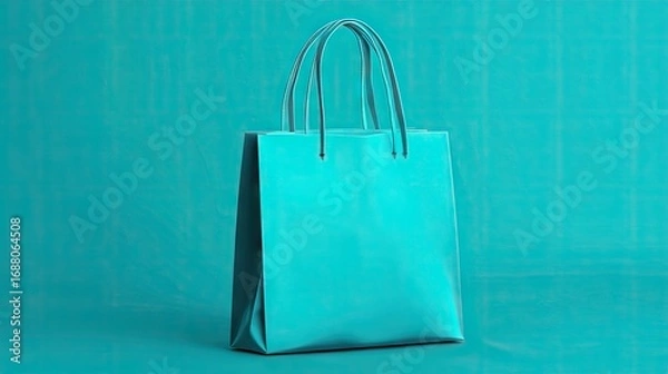 Fototapeta A teal paper shopping bag with slightly textured surface sits on a matching teal background.  The bag has twin handles and subtle metal rivets