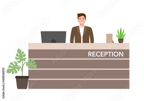 Fototapeta Bank office or hotel reception with receptionist smiling man vector illustration. Reception hall with male receptionist