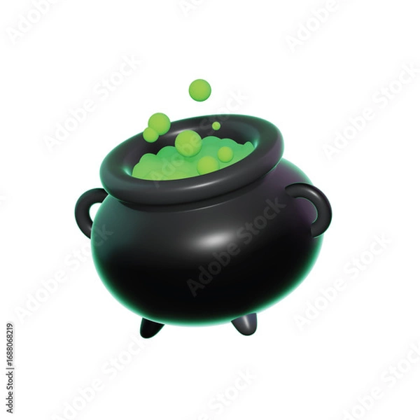 Fototapeta A spooky black cauldron filled with bubbling green potion, a classic symbol of witchcraft, magic, and Halloween, isolated on a white background for easy use