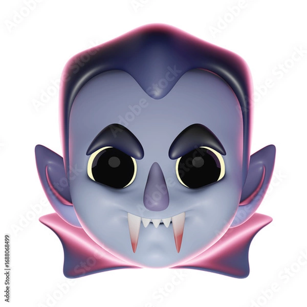 Fototapeta Stylized 3D rendering of a cartoon vampire head with sharp fangs and a high collar. This cute and spooky monster character is isolated for Halloween designs