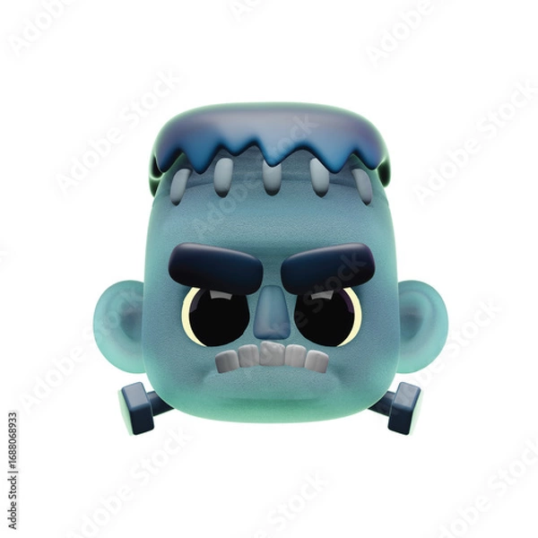 Fototapeta Cute 3D illustration of a sad blue stitched monster. Adorable cartoon Halloween character with a grumpy face isolated on a white background