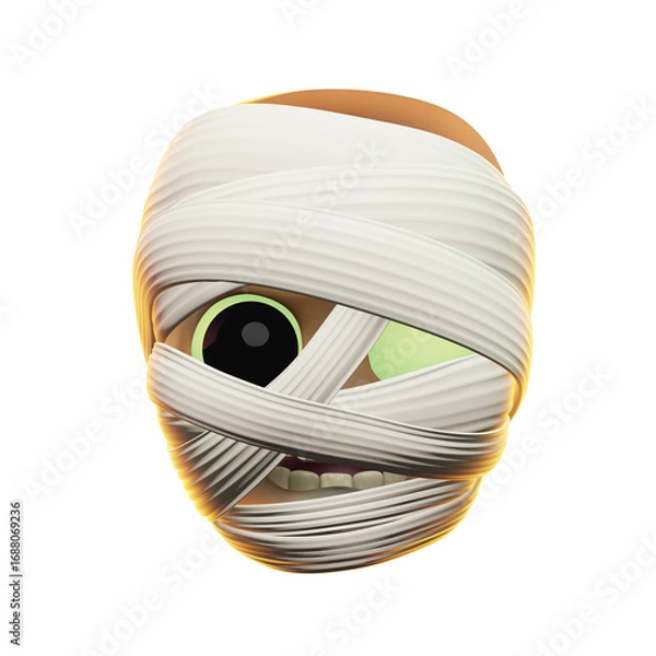 Fototapeta A charming 3D render of a cartoon mummy character head with a spooky glowing green eye, wrapped in bandages for a fun Halloween concept