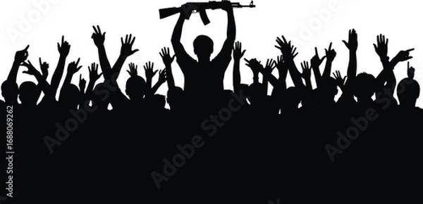 Fototapeta Silhouette vector illustration of crowd protest with raised hands and central figure holding object overhead, symbolizing uprising or social movement
