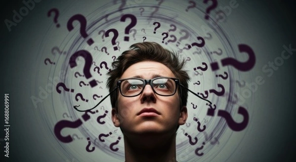 Obraz Pensive Man Gazing Upward Surrounded by Swirling Question Marks, Deep in Thought