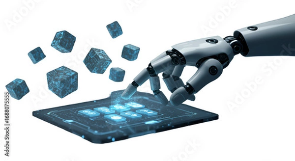 Fototapeta A robotic hand navigates a glowing interface surrounded by floating data cubes envisioning the future of artificial