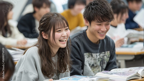 Obraz 笑顔で授業・講義を受ける日本人の男女の学生たち、教室, 勉強, 友情, 楽しい, 大学生活