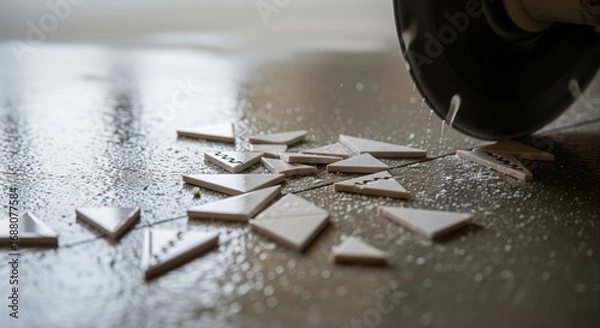 Fototapeta Porcelain Tile Cutting Hazard: Razor Shards Beside the Wet Saw