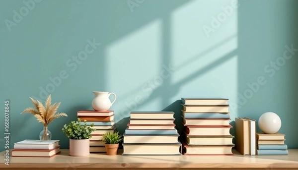 Obraz Serene Book Arrangement with Potted Plants and Soft Lighting