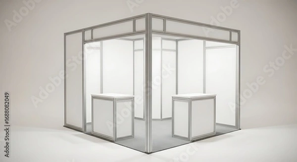 Fototapeta Clean Modular Exhibition Booth with Two Counters in an Empty Studio Space.