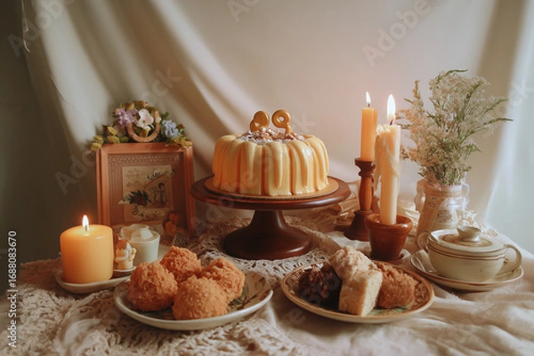 Fototapeta Birthday cake with candles and baked goods