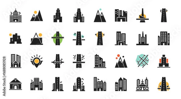 Fototapeta Collection of various icons representing urban landscapes and infrastructure development projects