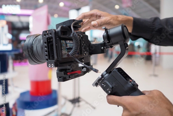 Fototapeta Camera man at Work using camera on stabilizer gimbal