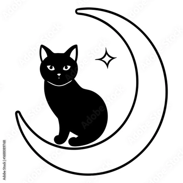 Fototapeta Black cat sitting on a crescent moon with a star