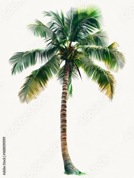 Fototapeta Tall tropical coconut palm tree with long green fronds and textured trunk, isolated on white background, symbolizing exotic beach nature, summer holiday, and tropical landscape atmosphere