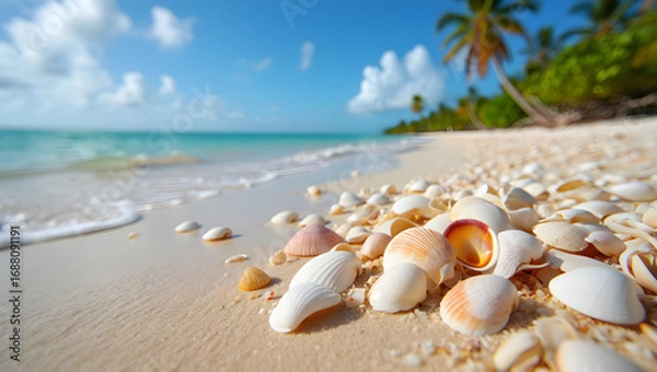 Fototapeta Seashells scattered on a sandy beach with turquoise ocean waves water