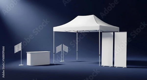 Fototapeta Dramatic Spotlight on White Pop-Up Tent, Counter, and Blank Banner Stands for Event Mockup.