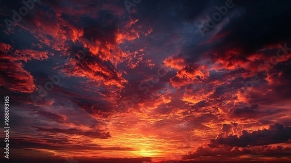 Fototapeta Bright Red Sunset. Dramatic Evening Sky with Clouds. Fiery Skies with Space for Design. Magic Fantasy Sky. War, Battle, Terror, World Apocalypse, Horror Concept.