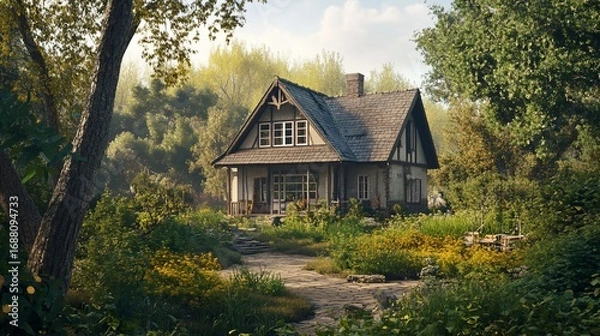 Fototapeta Enchanting Tudor-Style Cottage Nestled in Lush Greenery on a Sunny Day
