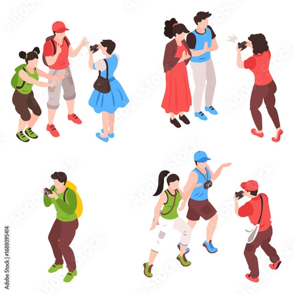 Fototapeta Set Isometric Illustrations of Tourists and Photographers