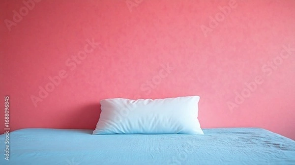 Fototapeta Minimalist Bedroom Setup with a White Pillow on a Blue Bedding and Pink Wall as a backdrop