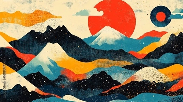 Fototapeta Vibrant Mountain Range Illustration with Sun and Moon in Harmony