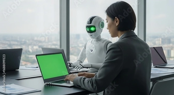 Fototapeta Futuristic Collaboration: Robot and Human Working Together in Modern Office