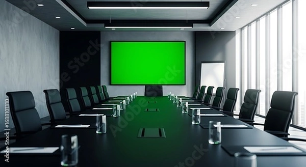 Obraz Modern Conference Room with Green Screen Display and Sleek Black Furniture