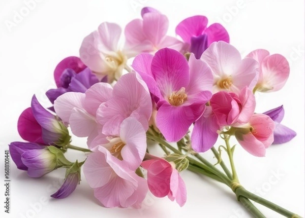 Fototapeta Delicate pink and purple sweet pea flowers with intricate details isolated on a white background